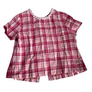 Vintage 90s Philly California Girl's Plaid Pink Cotton Linen Floral Blouse